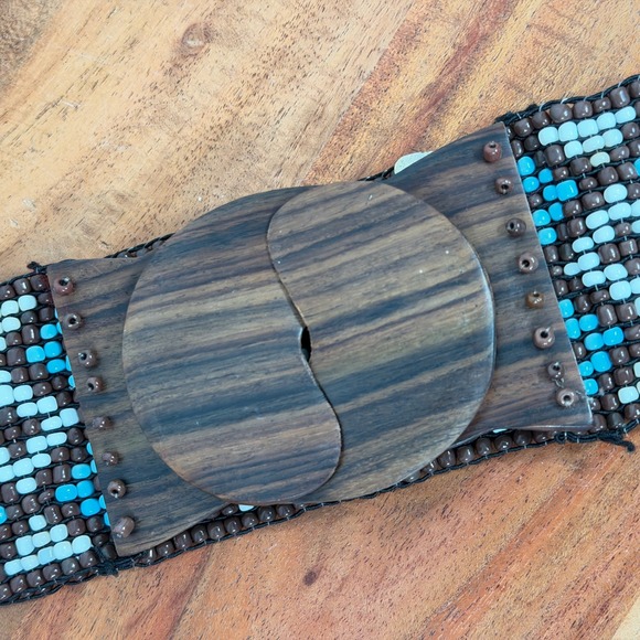 Handmade Beaded Geometric Waist Belt Turquoise Brown Wood Buckle Retro 33 Inch - Picture 2 of 9